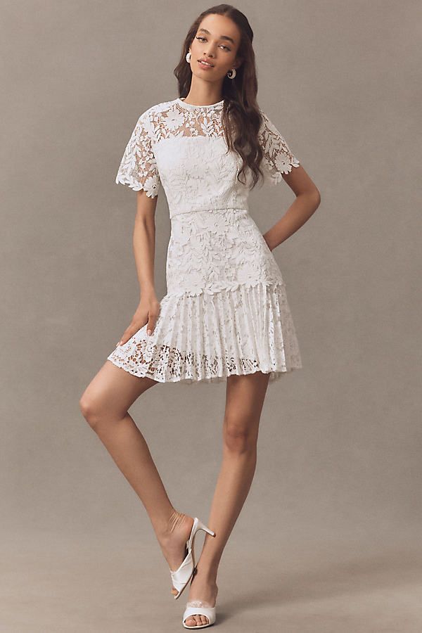 engagement dresses_Milly Nikoletta Mixed Lace Pleated Mini Dress - White