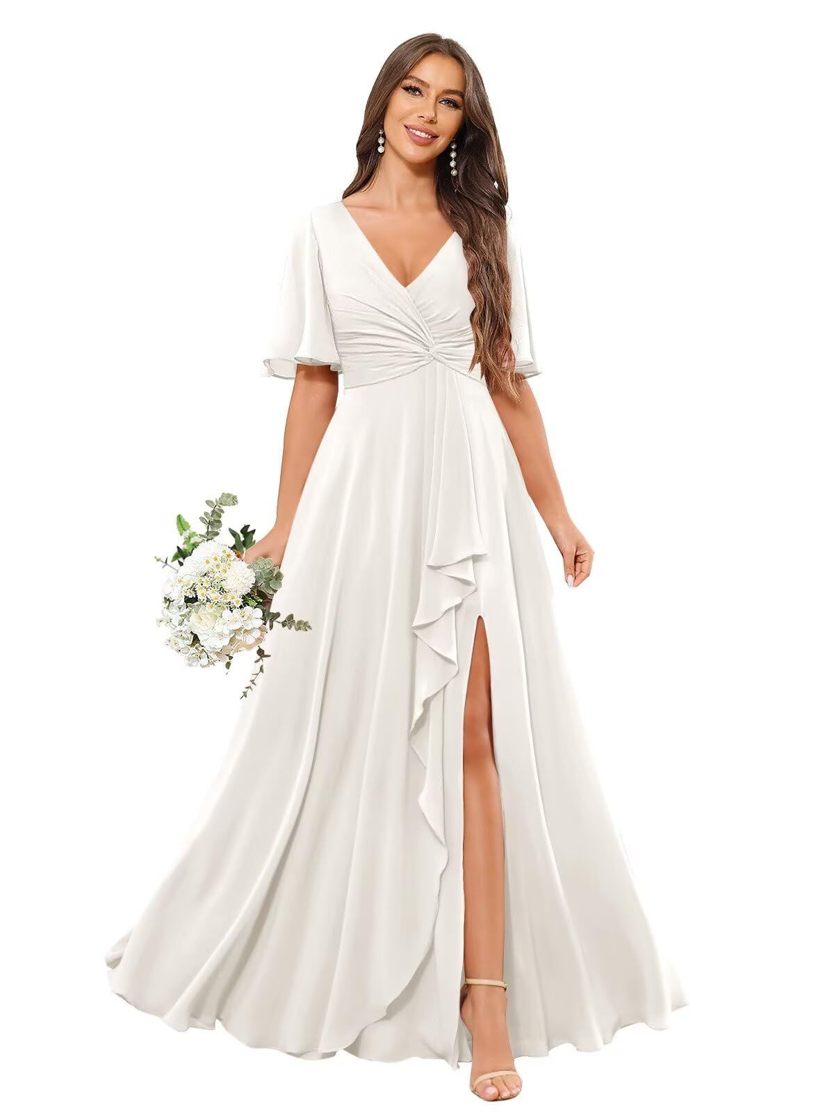 engagement dresses_LANGKAAO Short Sleeve Bridesmaid Dresses for Women Ruffle Chifon Formal Wedding Party Dress with Pockets