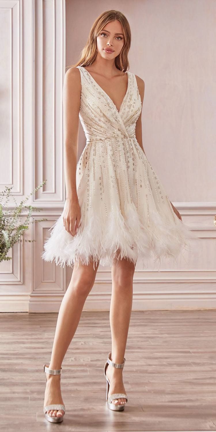 elegant dresses_Andrea & Leo Couture A1012 WREN Dress Short Beaded Feather Cocktail Dress Formal Gown - 10 / White