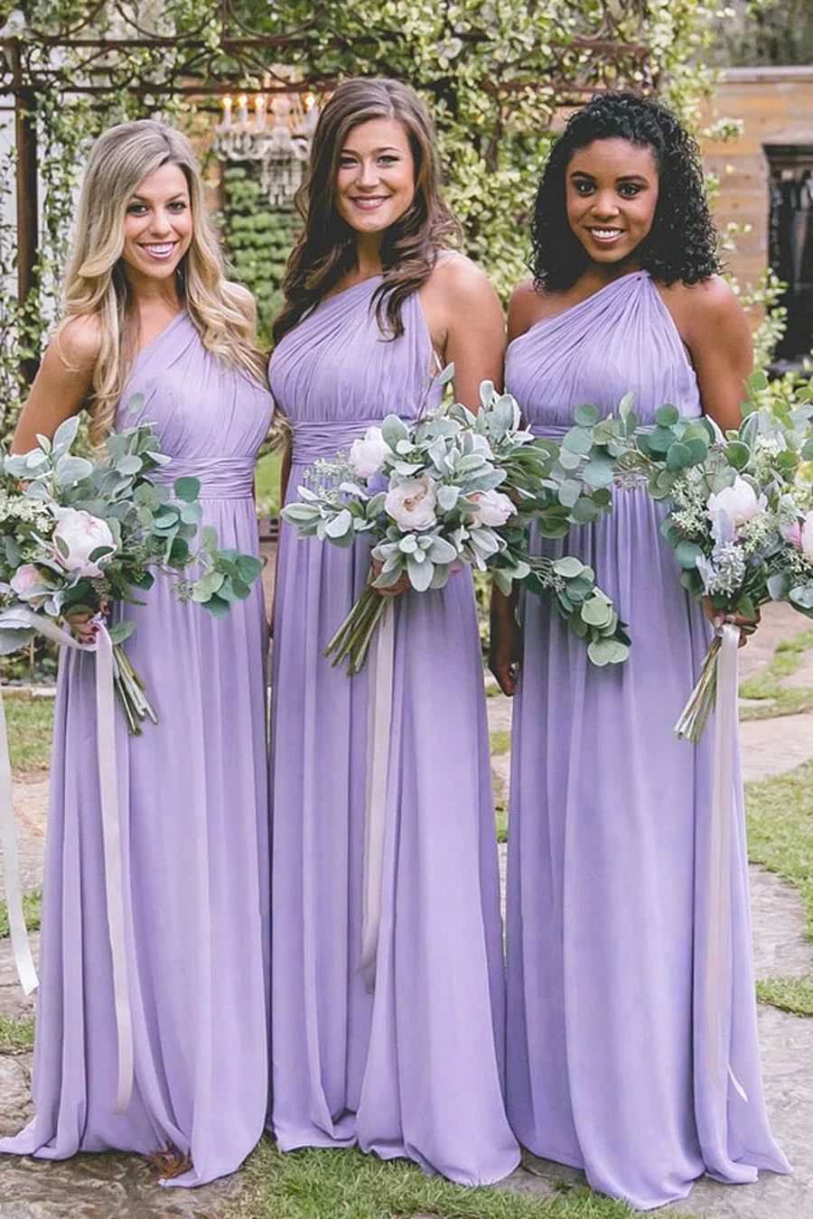 bridesmaid dresses_Dusty Blue One Shoulder Chiffon Long Boho Pleated Bridesmaid Dress - Lavender / 6