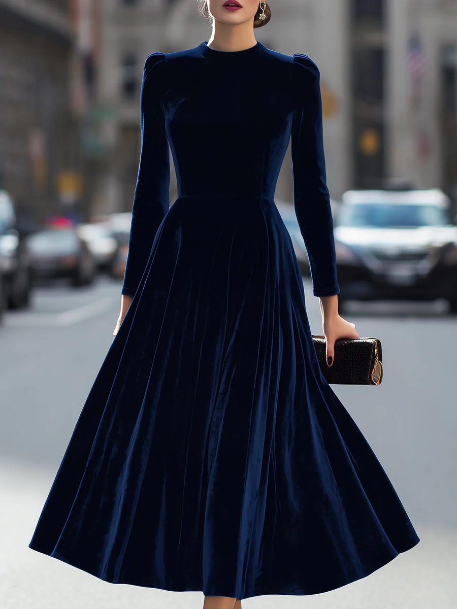 elegant dresses_Luxurious Navy Blue Velvet Long-Sleeve Midi Dress