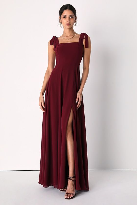 bridesmaid dresses_Love Me Forever Burgundy Tie-Strap Square Neck Maxi Dress