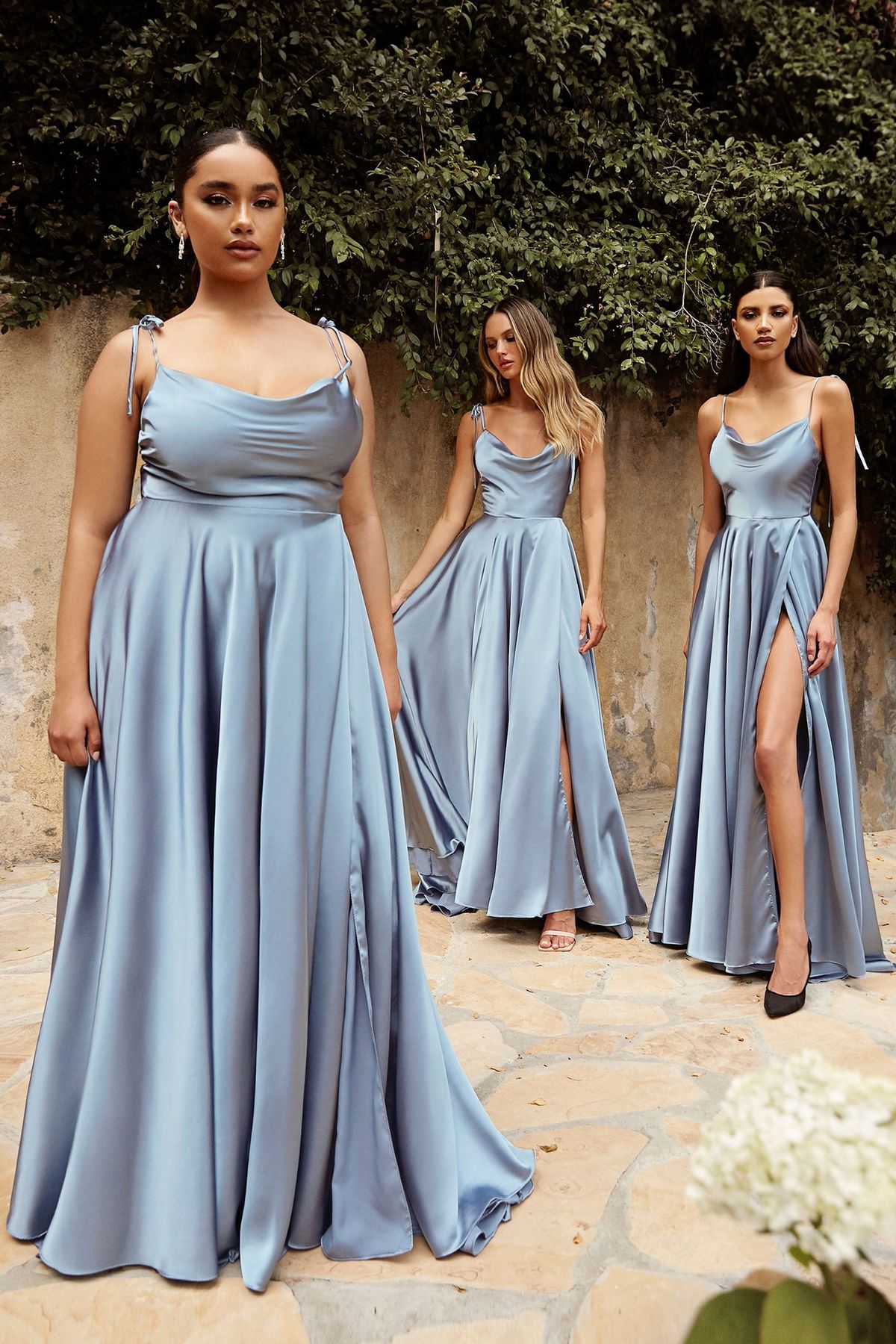 bridesmaid dresses_Ladivine BD104 Satin Bridesmaids Dress A Line Maxi Slit Cowl Neck - XL / Dusty Blue