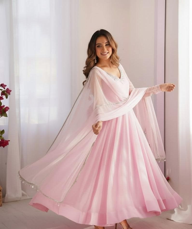 elegant dresses_Women's Georgette BabyPink Mirror-Work Anarkali Suit with Pant Dupatta Stitched Party Wear Indian Dress