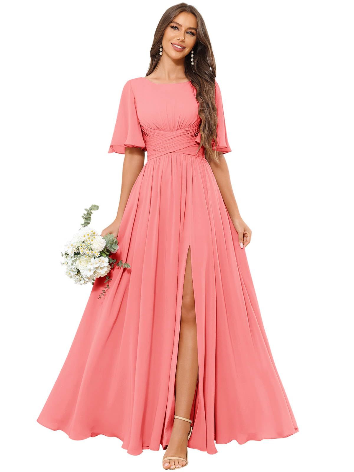 bridesmaid dresses_GUKARLEED Women’s Scoop Neck Bridesmaid Dresses Long Ruffles Chiffon Slit A-line Wedding Guest Formal Dress with Pockets