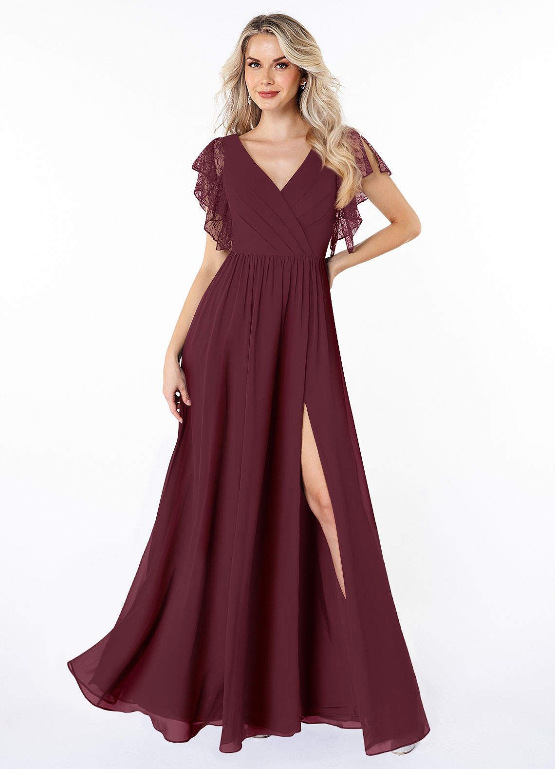 bridesmaid dresses_Azazie  A-Line V-Neck Floor-Length Chiffon Bridesmaid Dresses - Cabernet
