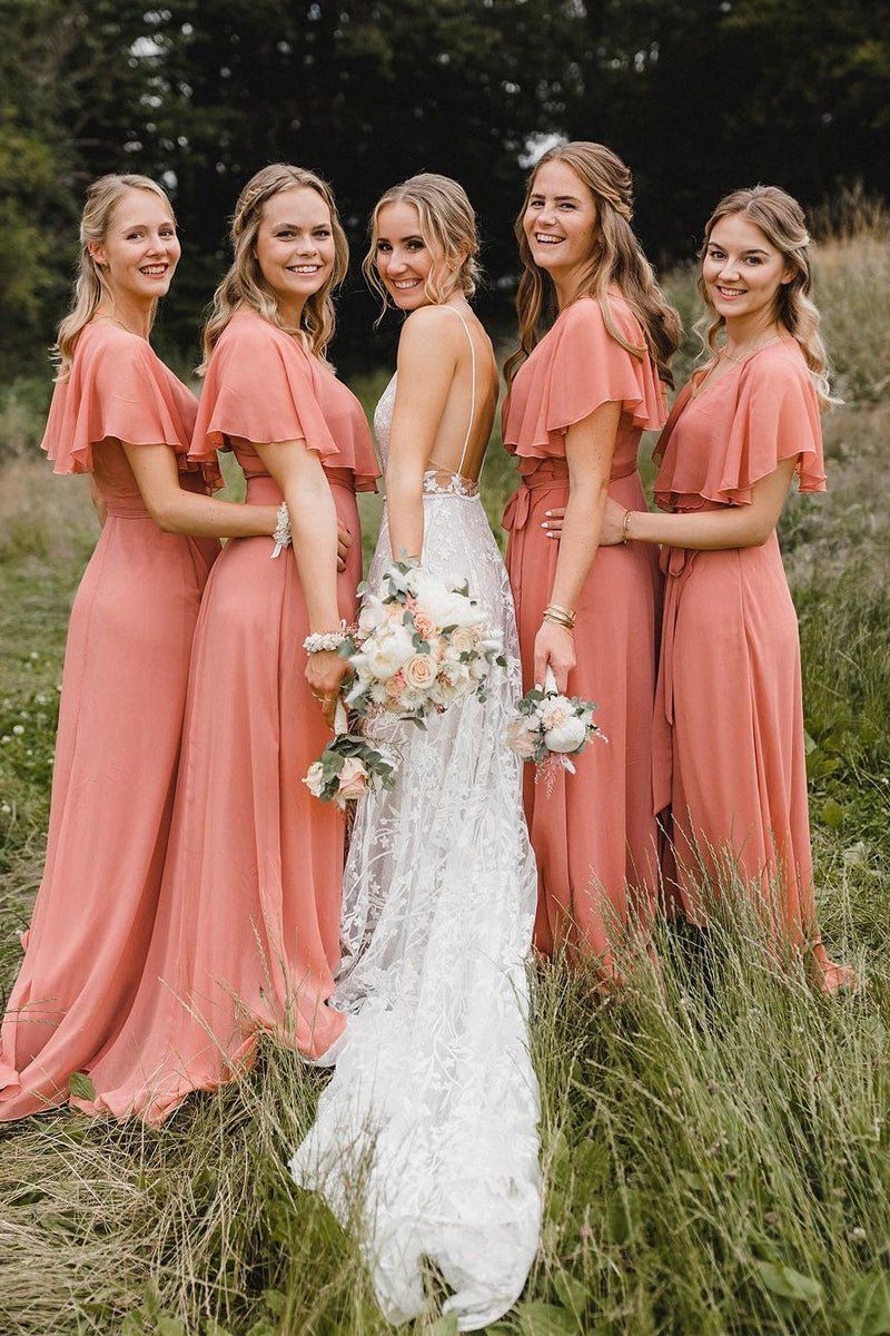 bridesmaid dresses_Simple A-Line Coral Chiffon Long Bridesmaid Dresses