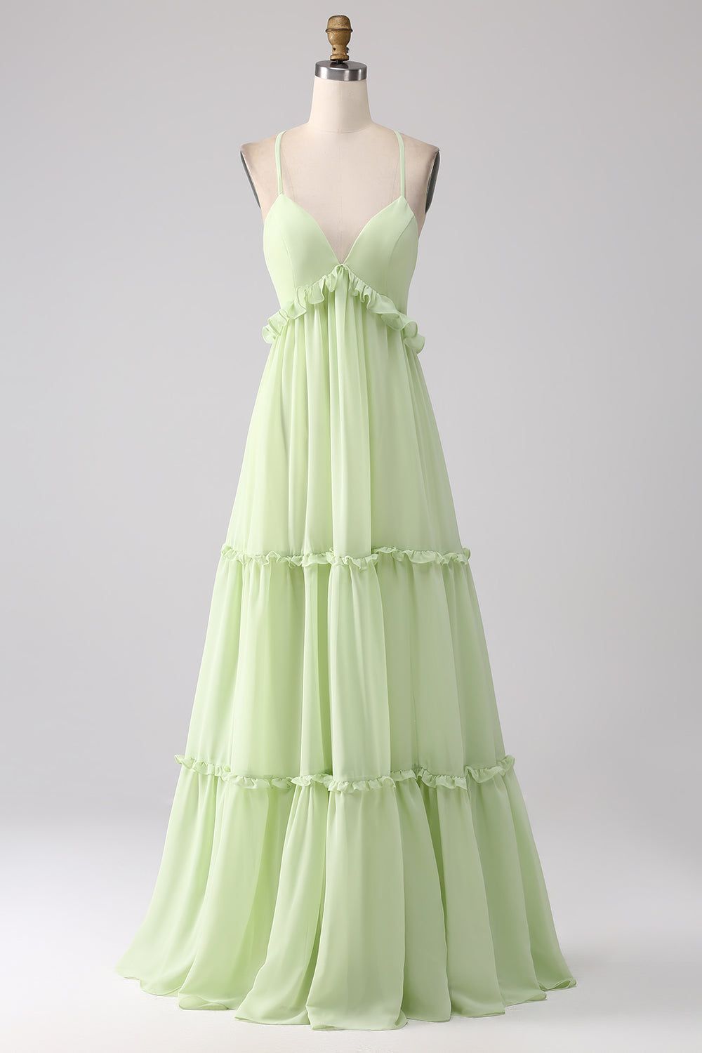 bridesmaid dresses_Ruffles A Line Green Bridesmaid Dress with Lace-up Back