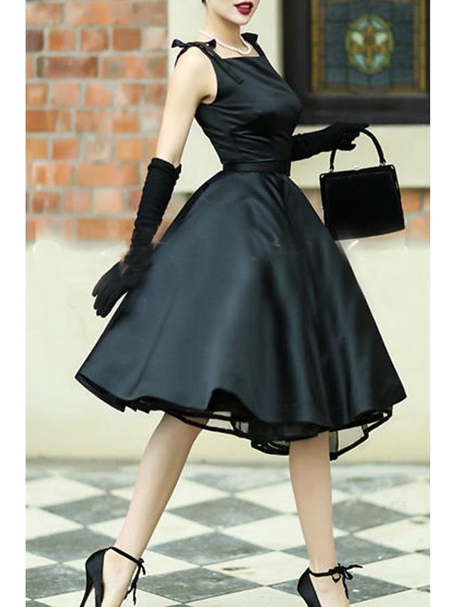 elegant dresses_A-Line Tea Length Prom Dresses Vintage 1950s Sleeveless Square Neck Wedding Guest Graduation Satin with Sash / Ribbon Bow(s) Pure Color 2025 - $129.99