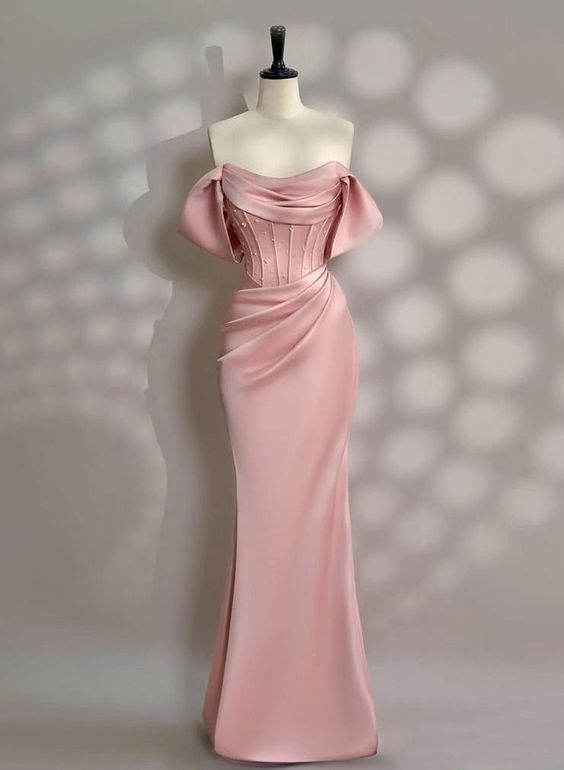 bridesmaid dresses_Pink Mermaid Off the Shoulder Pleats Prom Dress