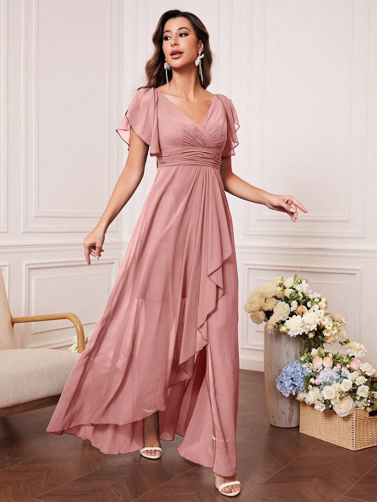 bridesmaid dresses_Butterfly Sleeve Ruched Bust Ruffle Trim Wrap Hem Chiffon Bridesmaid Dress Elegant Dress, Bride Dress, Birthday Women Outfits, Graduation Dress, Formal Dress