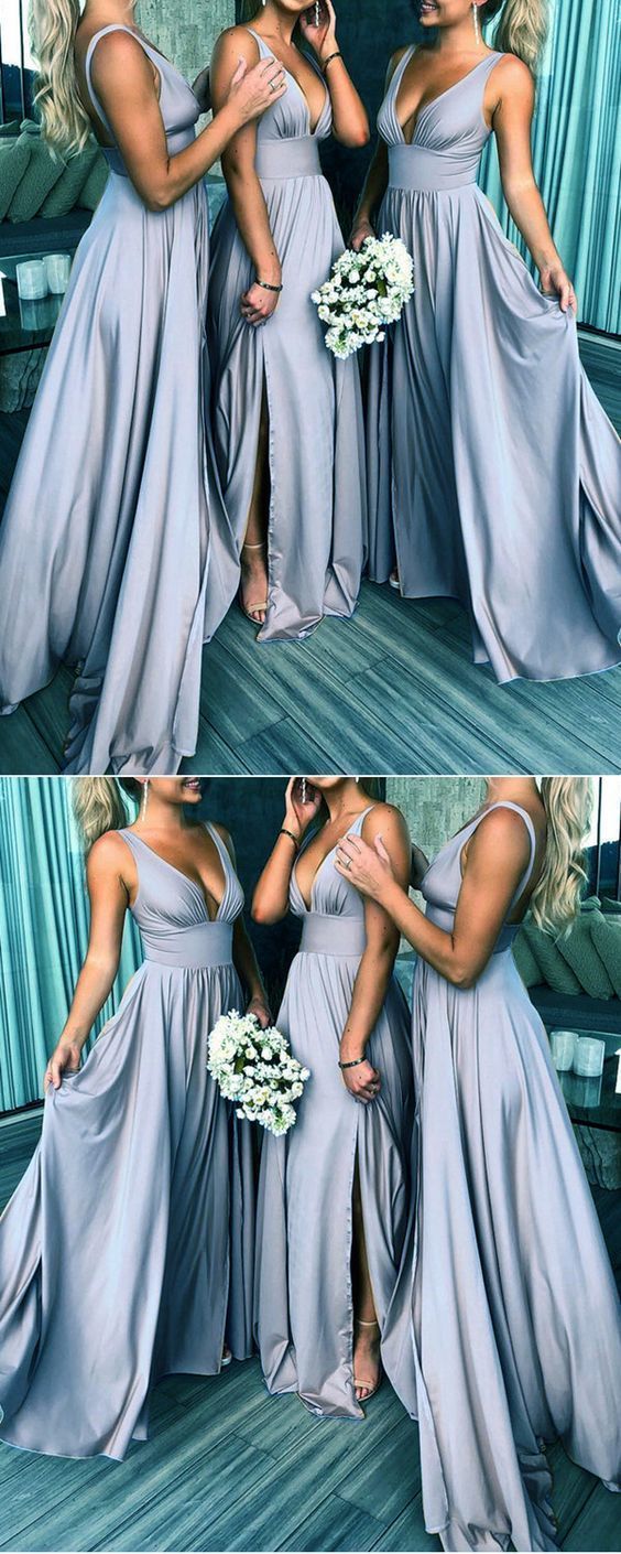 bridesmaid dresses_gray sleeveless women dresses,v-neck slit-skirt satin bridesmaid dress,SB0285
