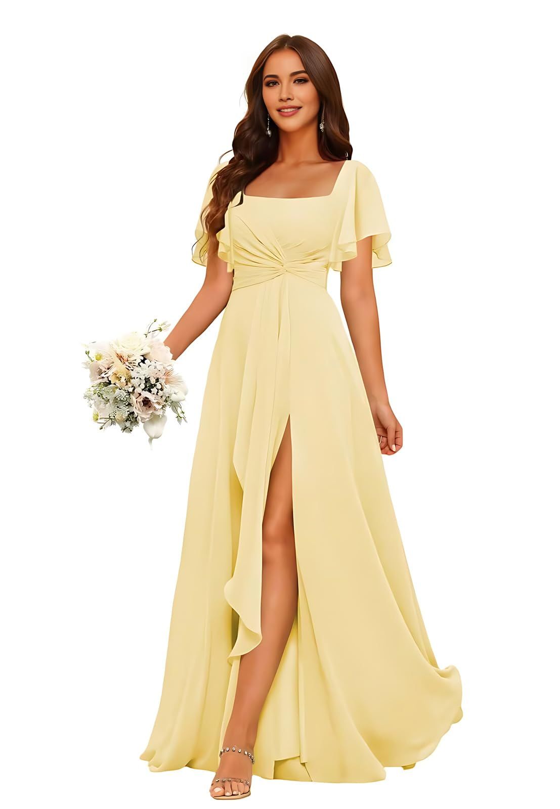 bridesmaid dresses_Sewavai Chiffon Flutter Bridesmaid Dress for Women 2026 Short Sleeve Ruffle Wedding Guest Formal Evening Gown with Slit