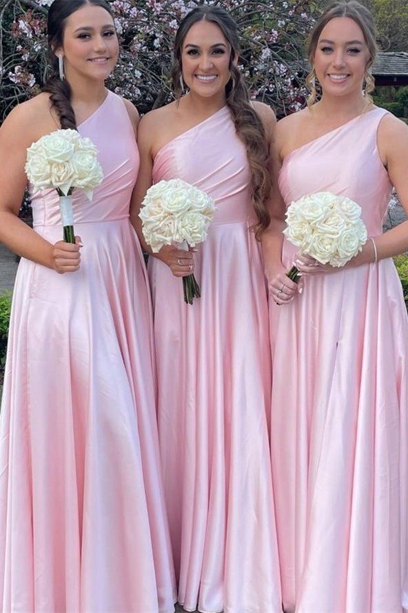 bridesmaid dresses_Light Pink One Shoulder A-line Satin Long Bridesmaid Dress with Slit - Pink / 6