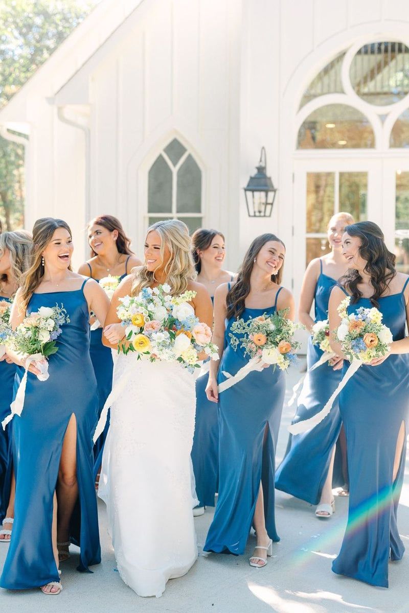 bridesmaid dresses_Simple Mermaid Spaghetti Straps Blue Long Bridesmaid Dresses with Bow