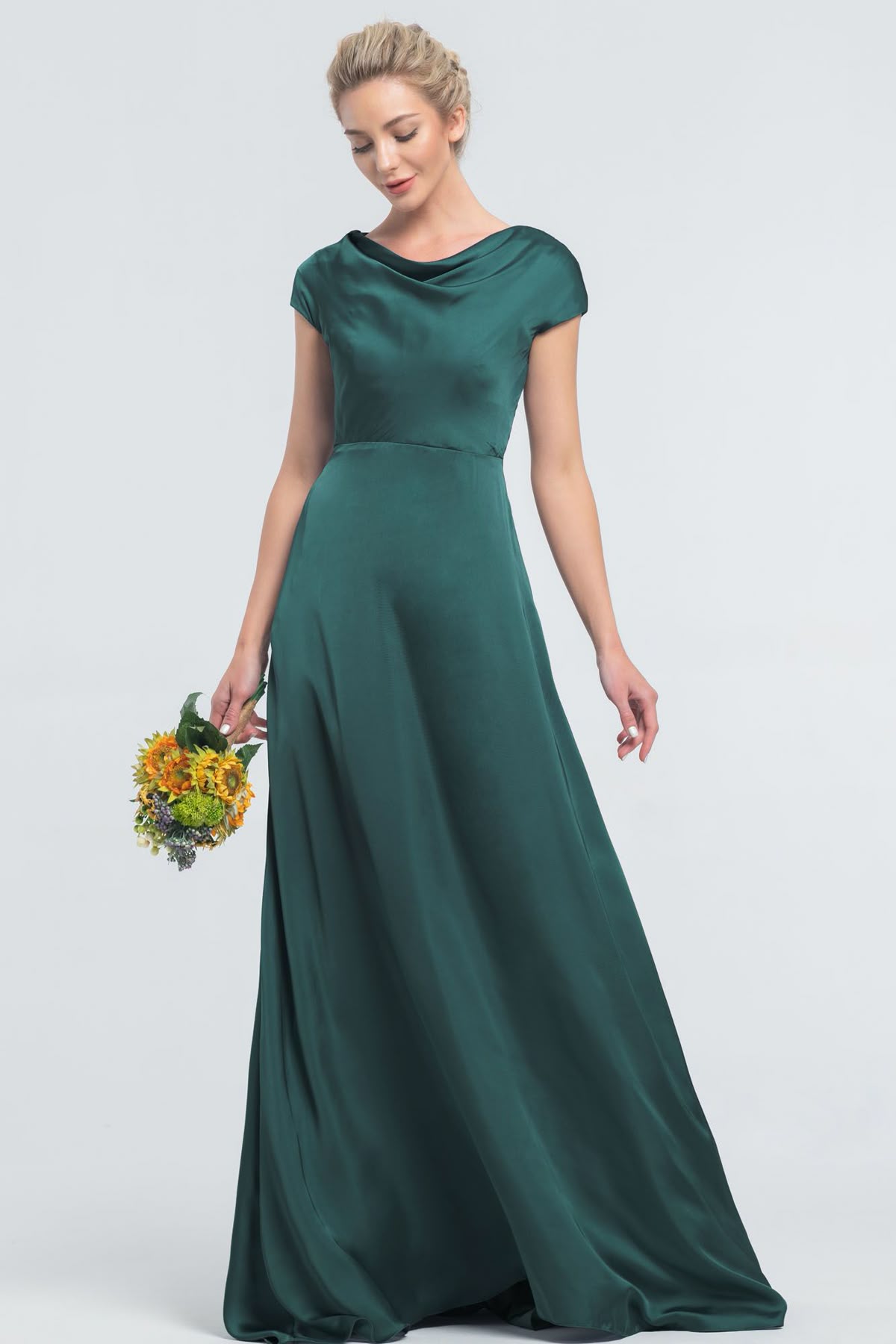 bridesmaid dresses_Modest Minimalist Dark Emerald Satin Bridesmaid Dresses Cowl Neck