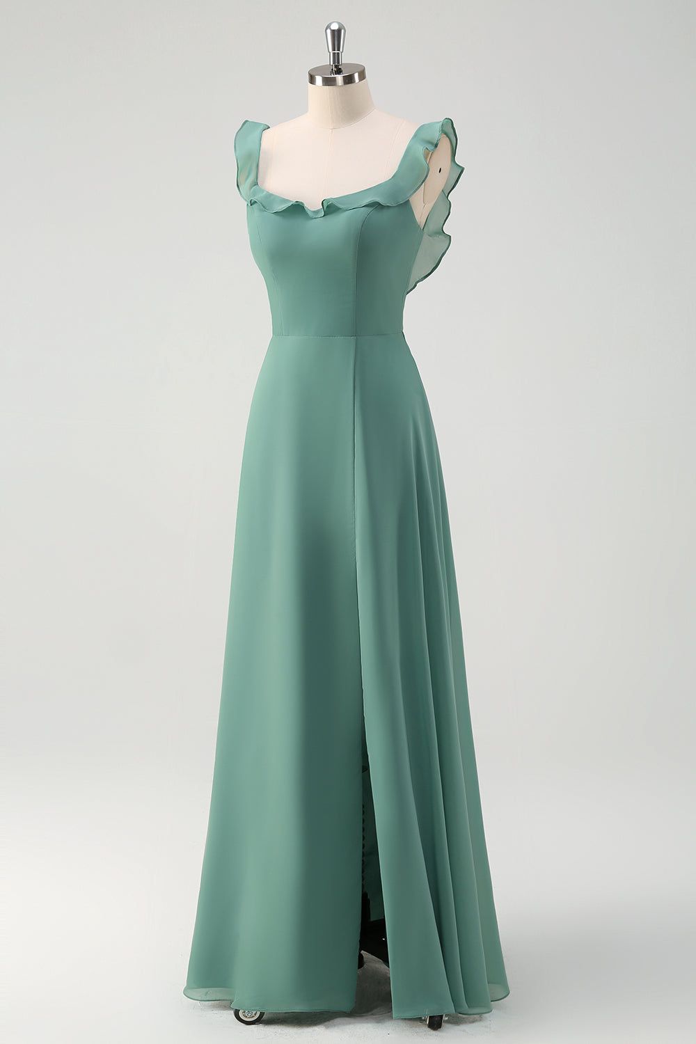 bridesmaid dresses_Eucalyptus Chiffon A Line Spaghetti Straps Long Bridesmaid Dress with Slit