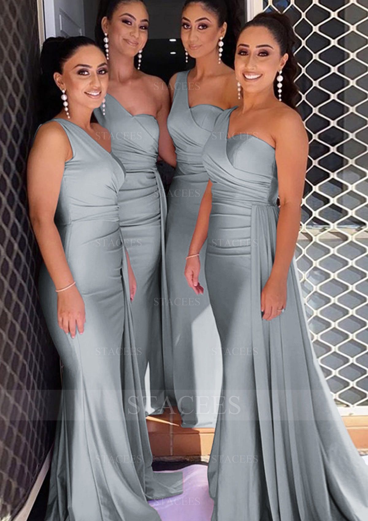bridesmaid dresses_Trumpet/Mermaid One-Shoulder Sleeveless Sweep Train Jersey Bridesmaid Dress With Pleated Side Draping- Bridesmaid Dresses - Stacees