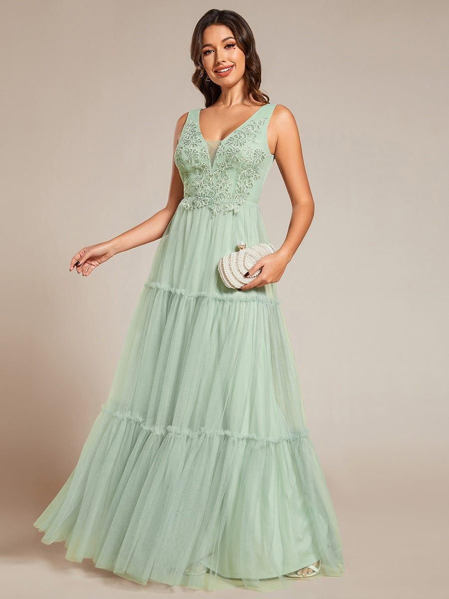 elegant dresses_Chic See-Through Sleeveless Tulle Formal Evening Dress with Applique - Mint Green / 6
