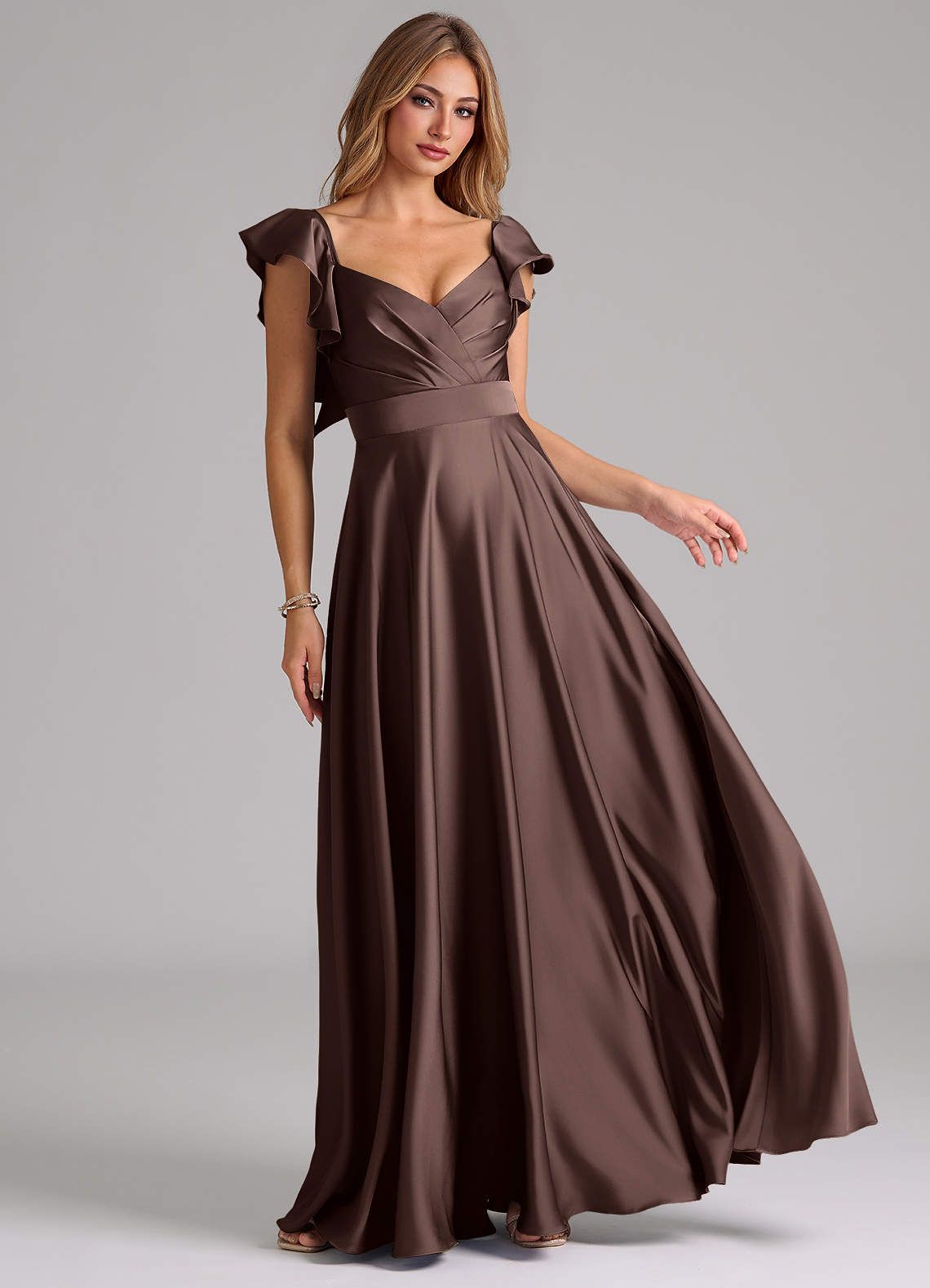 bridesmaid dresses_Azazie  A-Line V-Neck Floor-Length Stretch Satin Bridesmaid Dresses - Ganache