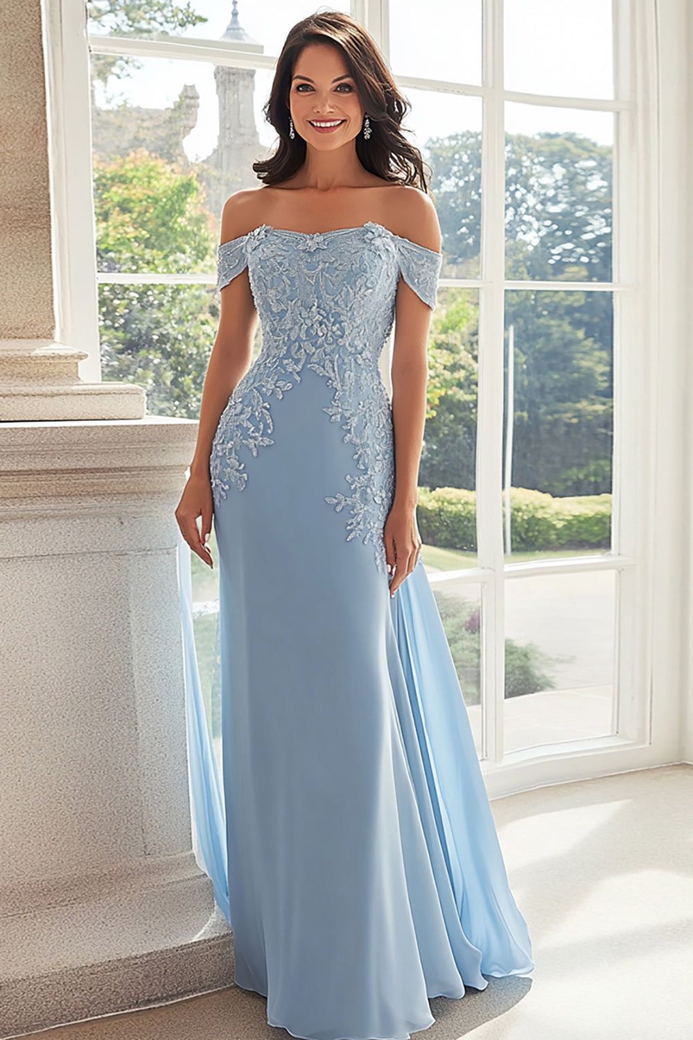 bridesmaid dresses_Elegant Sky Blue Off the Shoulder Chiffon Sheath Long Mother of the Bride with Lace Appliques