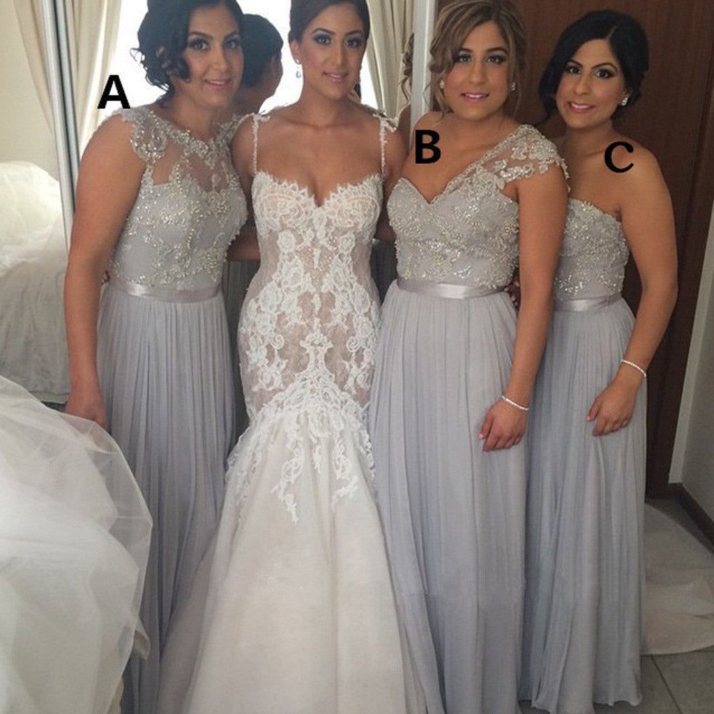 bridesmaid dresses_Popular Women Mismatched Lace Top Grey Chiffon Formal Floor Length Cheap Bridesmaid Dresses, WG168 - US6 / Picture Color