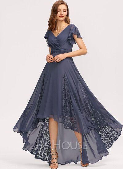 bridesmaid dresses_[US$ 139] A-line V-Neck Asymmetrical Lace Chiffon Bridesmaid Dress With Pleated  - JJ's House