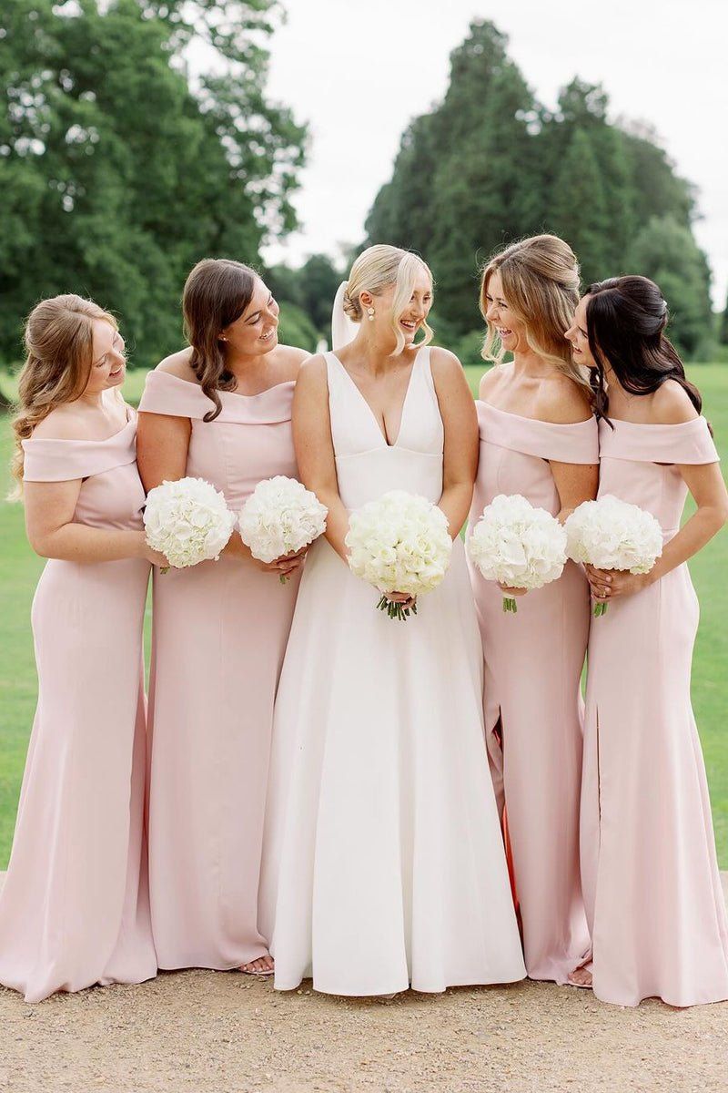 bridesmaid dresses_Simple Mermaid Off the Shoulder Light Pink Long Bridesmaid Dresses - Light Pink / 0