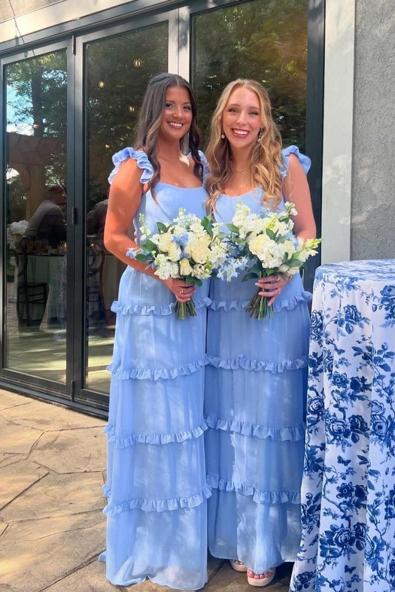 bridesmaid dresses_Ruffles Blue Chiffon A-line Long Bridesmaid Dress