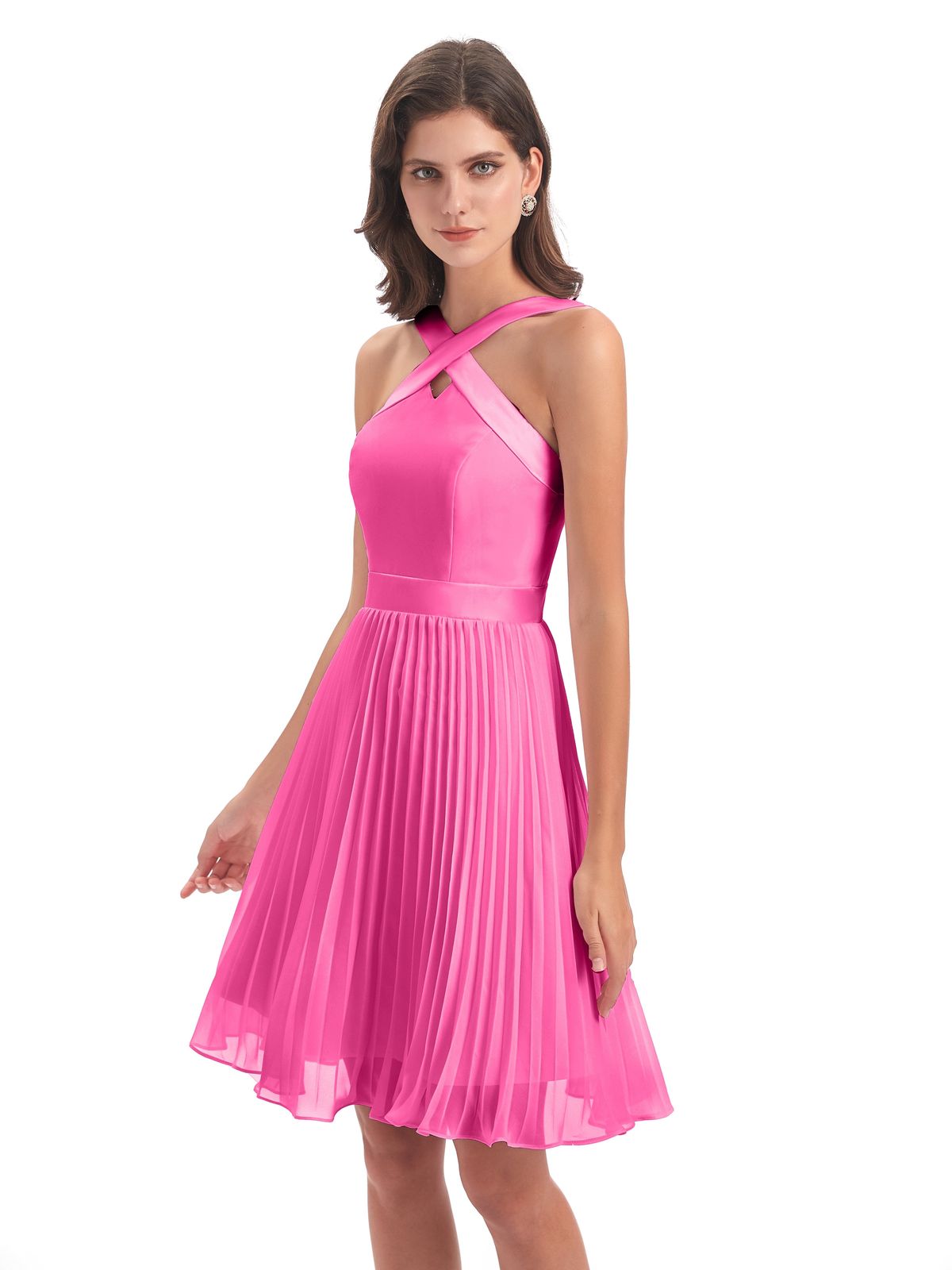 bridesmaid dresses_Alora Halter Chiffon Short Bridesmaid Dresses - Azalea