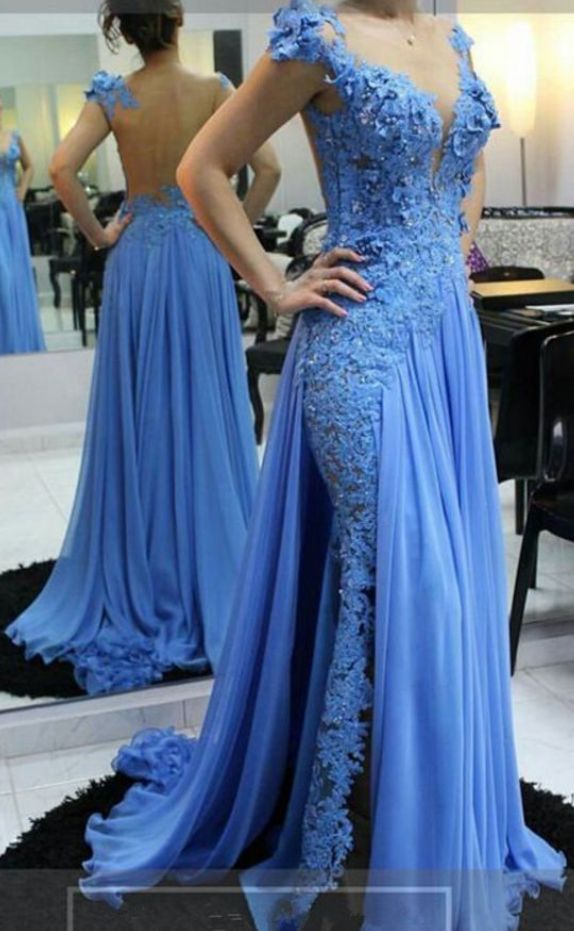 elegant dresses_Hollow Back Blue Chiffon Prom Dress, Lace Appliques Women Evening Dress