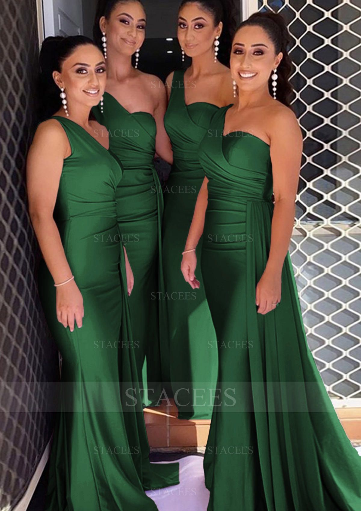 bridesmaid dresses_Trumpet/Mermaid One-Shoulder Sleeveless Sweep Train Jersey Bridesmaid Dress With Pleated Side Draping- Bridesmaid Dresses - Stacees