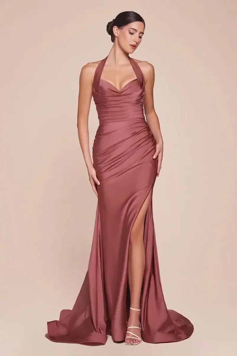 bridesmaid dresses_AUTUMN GOWN - SIENNA ROSE - STRETCH SPANDEX SATIN HALTER FITTED DRESS - 22