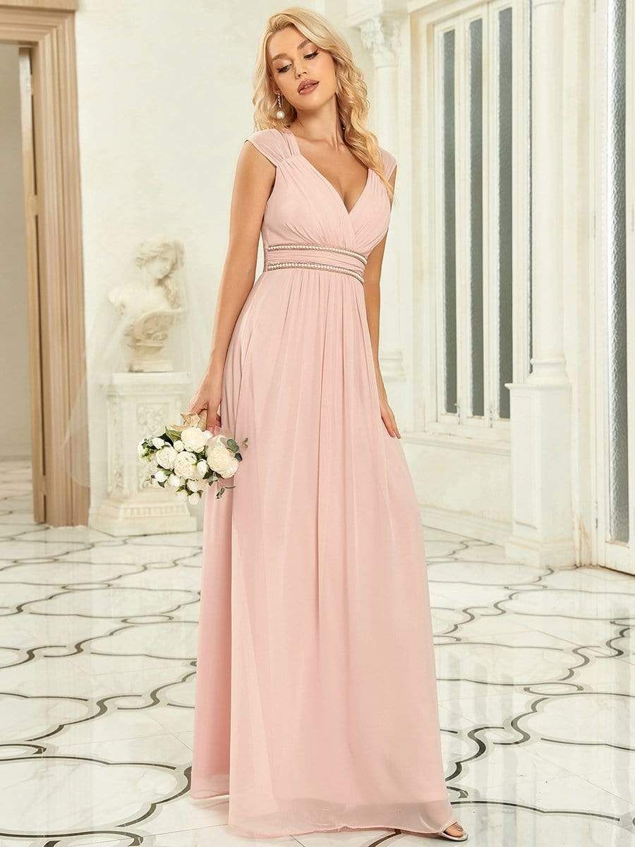 bridesmaid dresses_V-Neck Sleeveless Beaded Belt Chiffon A-Line Evening Dress