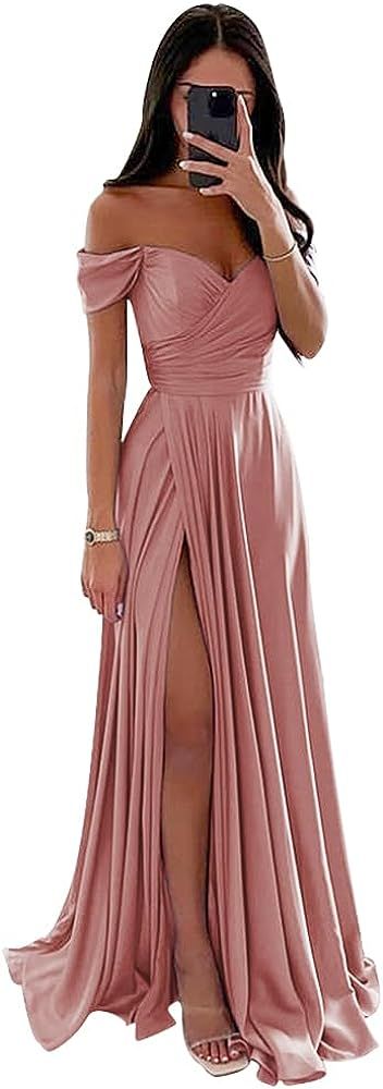 bridesmaid dresses_PEIYJYUSP Off Shoulder Satin Bridesmaid Dresses for Wedding Long Ruched A Line Corset Formal Prom Dress with Slit