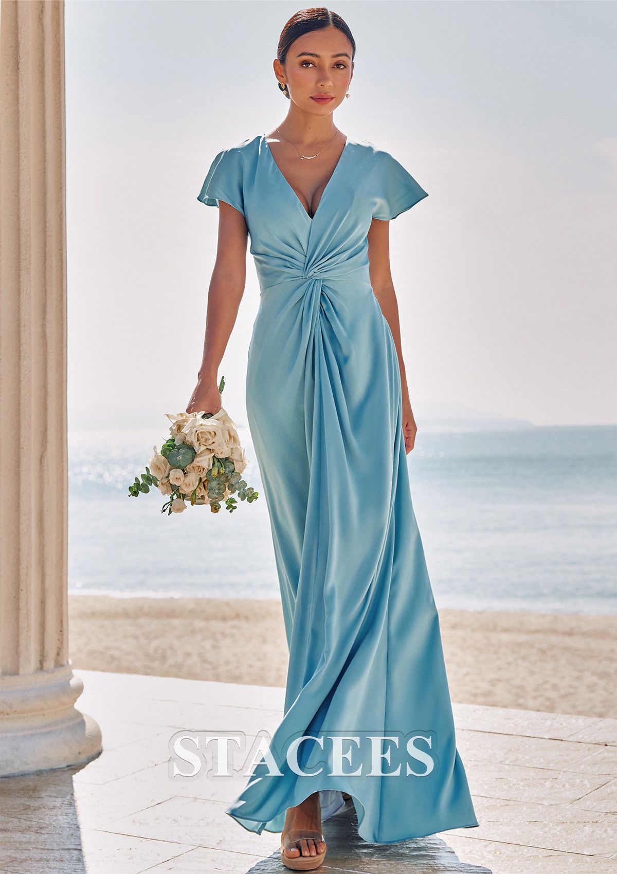 bridesmaid dresses_Sheath/Column V Neck Short Sleeve Floor-Length Stretch Satin Bridesmaid Dress with Pleated S7402B - Bridesmaid Dresses - Stacees