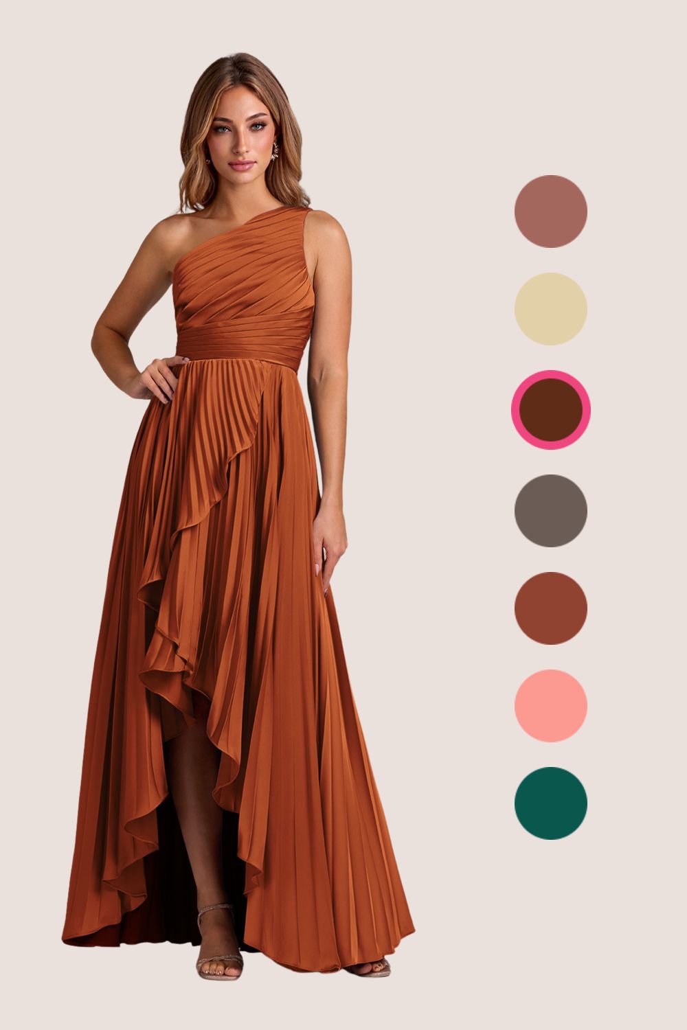 bridesmaid dresses_Azazie  A-Line One-Shoulder Asymmetrical Stretch Satin Bridesmaid Dresses - Cinnamon