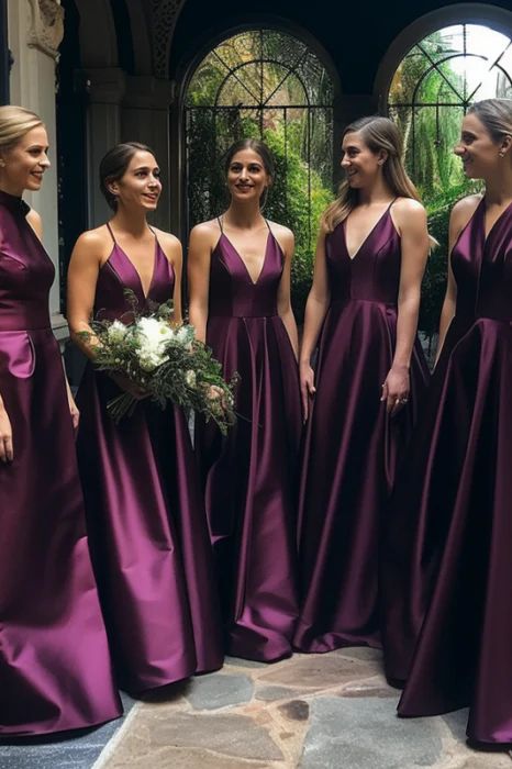 bridesmaid dresses_Chic Spaghetti-Strap Long A-Line Bridesmaids Dress SatinDefault Title