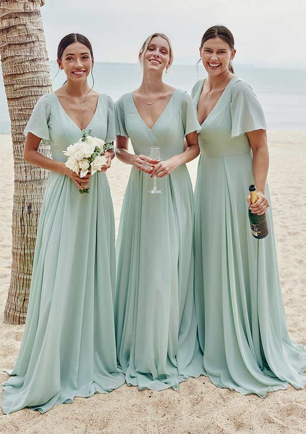 bridesmaid dresses_A-line V Neck Short Sleeve Floor-Length Chiffon Bridesmaid Dress S7401B - Bridesmaid Dresses - Stacees