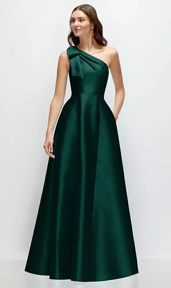 bridesmaid dresses_Bow One-Shoulder Full A-Line Satin Maxi Dress