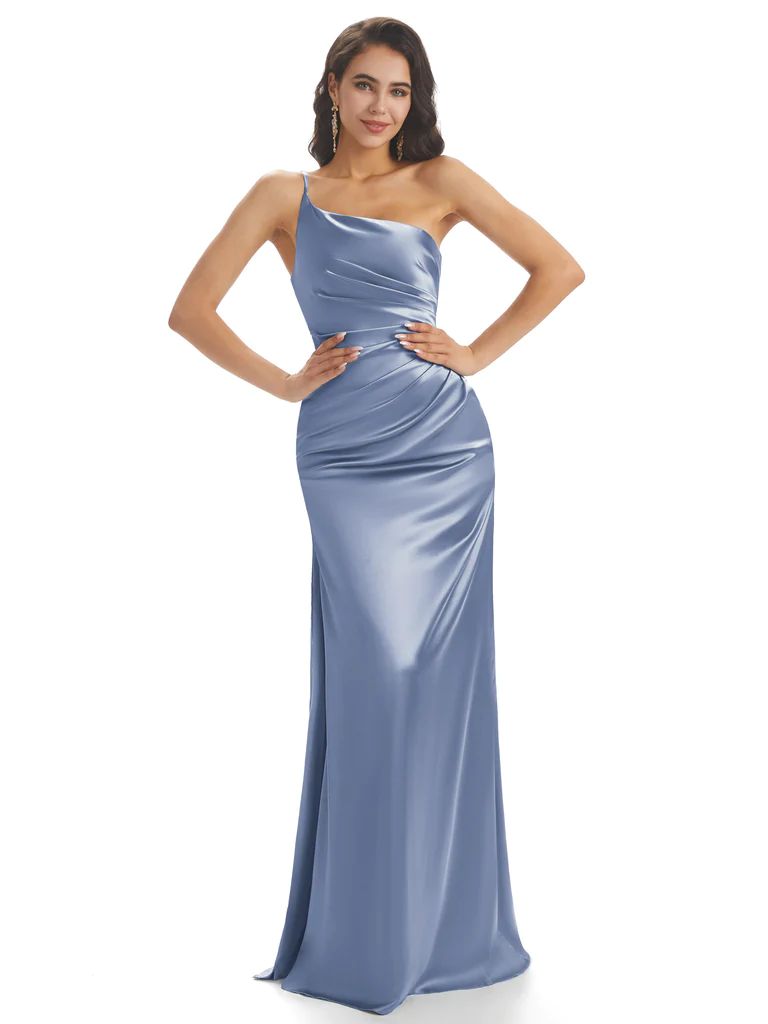 bridesmaid dresses_Sexy Soft Satin One Shoulder Side Slit Mermaid Long Bridesmaid Dresses