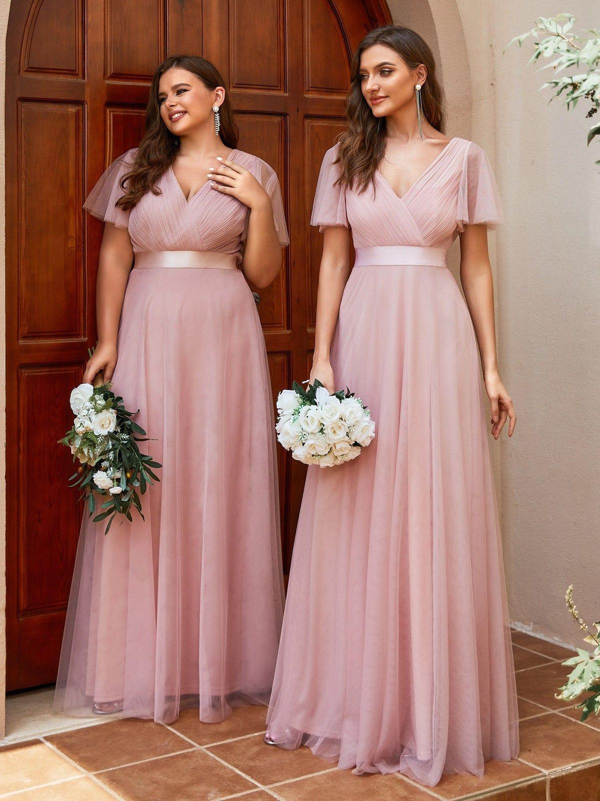 bridesmaid dresses_ever MISTE|Double V-Neck Floor-Length Short Sleeve Tulle Bridesmaid Dresses - Light Teal / 14