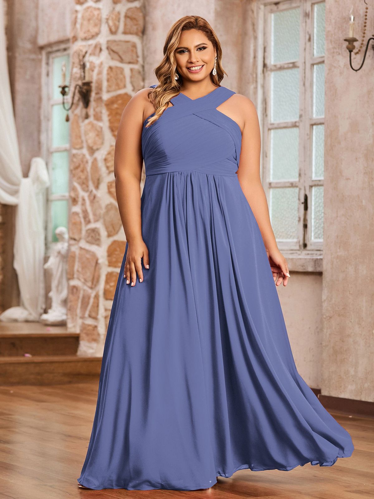 bridesmaid dresses_Cross Shoulder Strap Chiffon Dress with Empire Waist Periwinkle