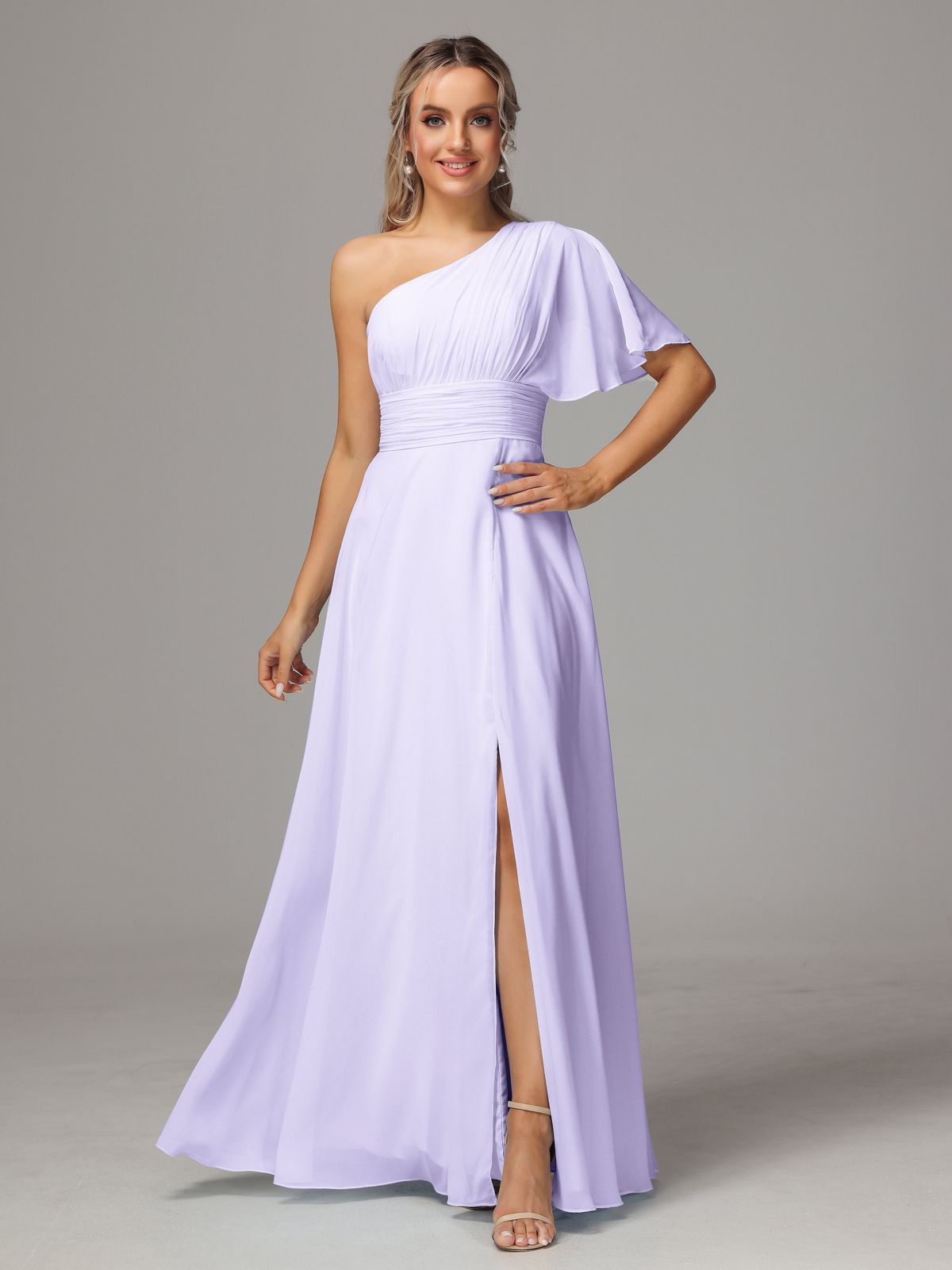 bridesmaid dresses_Lilac Purple Bridesmaid Dresses One Shoulder Ruffles Chiffon Bridesmaid Dresses With Split - Lilac
