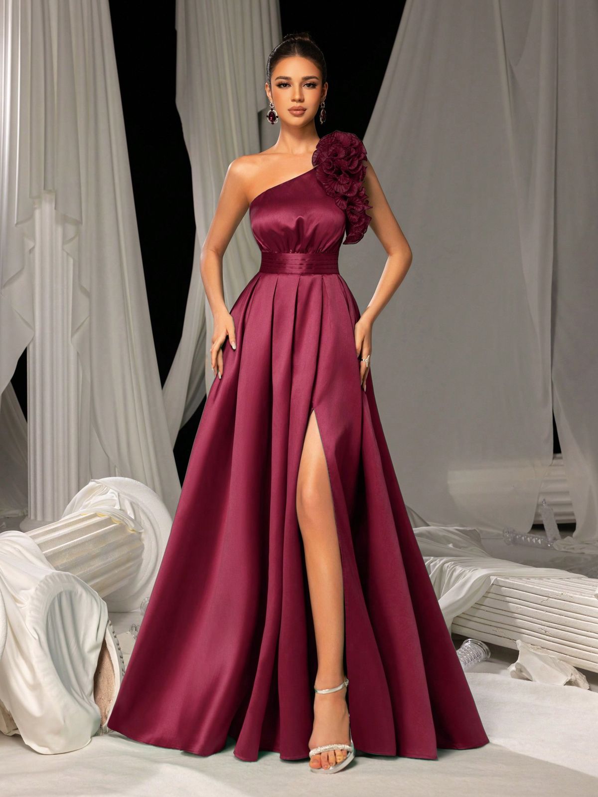 elegant dresses_Ruffle Trim Asymmetrical Neck Lace Up Back Satin Prom Dress, Party Dress, Wedding Guest Dress, Formal Dress, Evening Dress,Gown