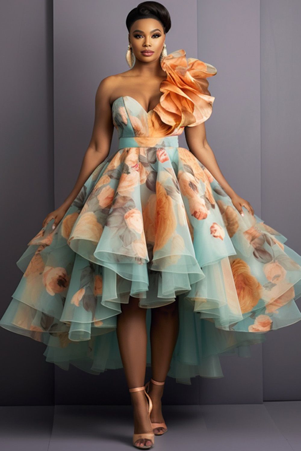 elegant dresses_Xpluswear Design Plus Size Formal Multicolor Elegant 3D Floral One Shoulder Ruffle High Low Hem Tulle Maxi Dresses