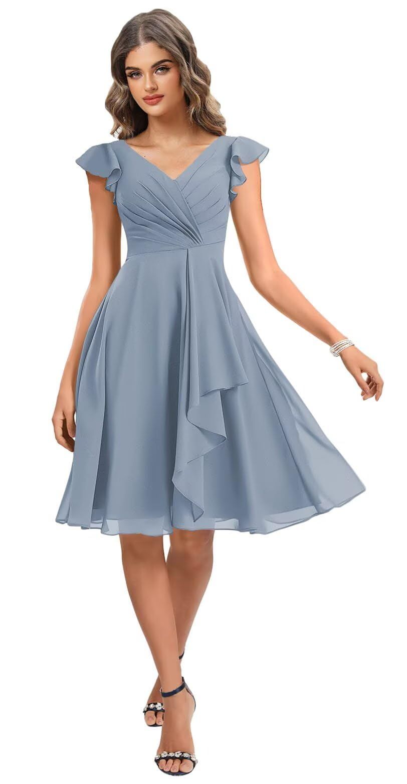 bridesmaid dresses_Cxrazyworm Dusty Blue Bridesmaid Dresses Short Formal Dress for Women Chiffon Pleated Evening Party Gown Size 8