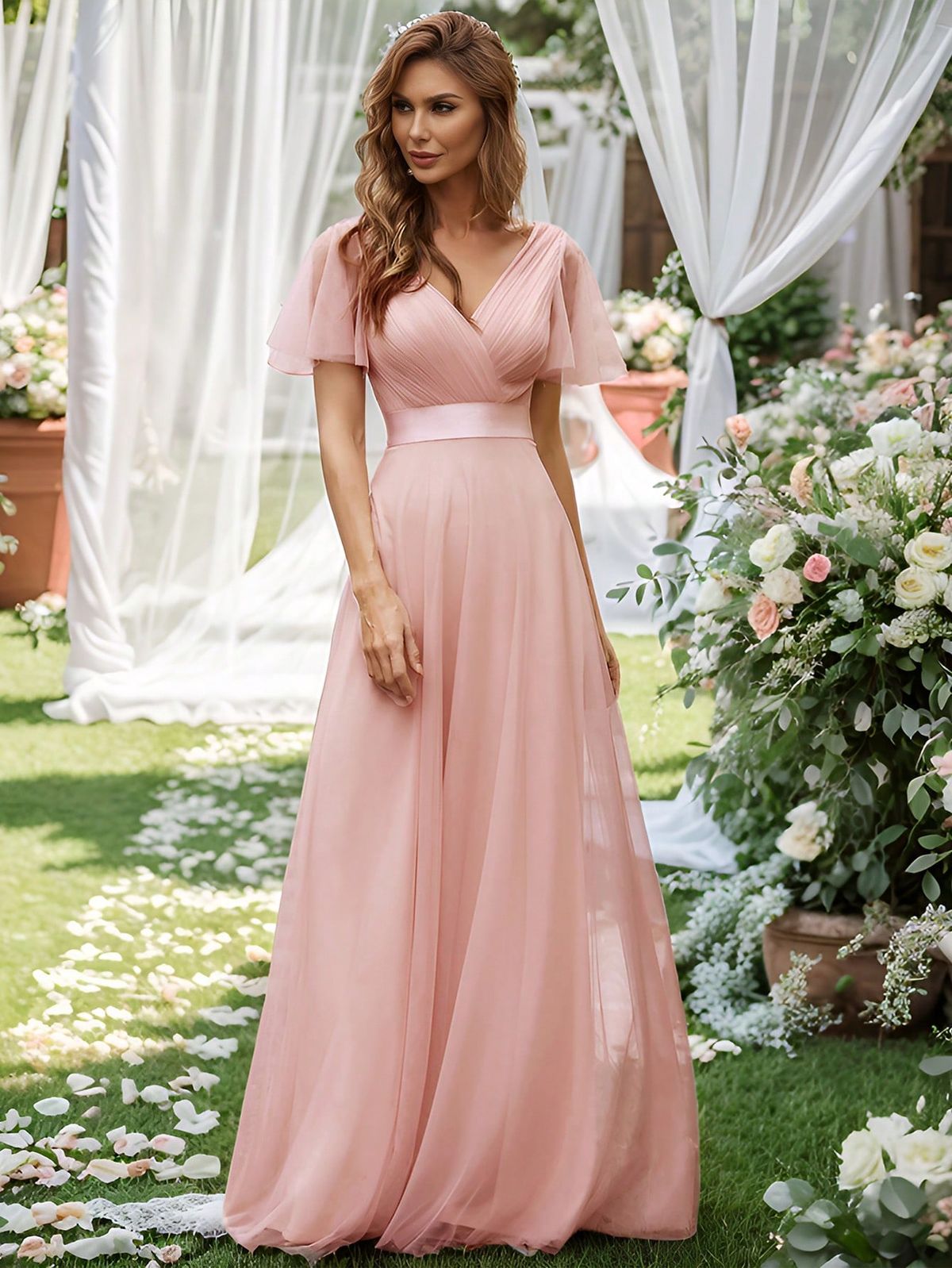 bridesmaid dresses_Romantic V Neck Maxi A-Line Tulle Pink Bridesmaid Dress Wedding Guest Dress For Wedding Formal Event