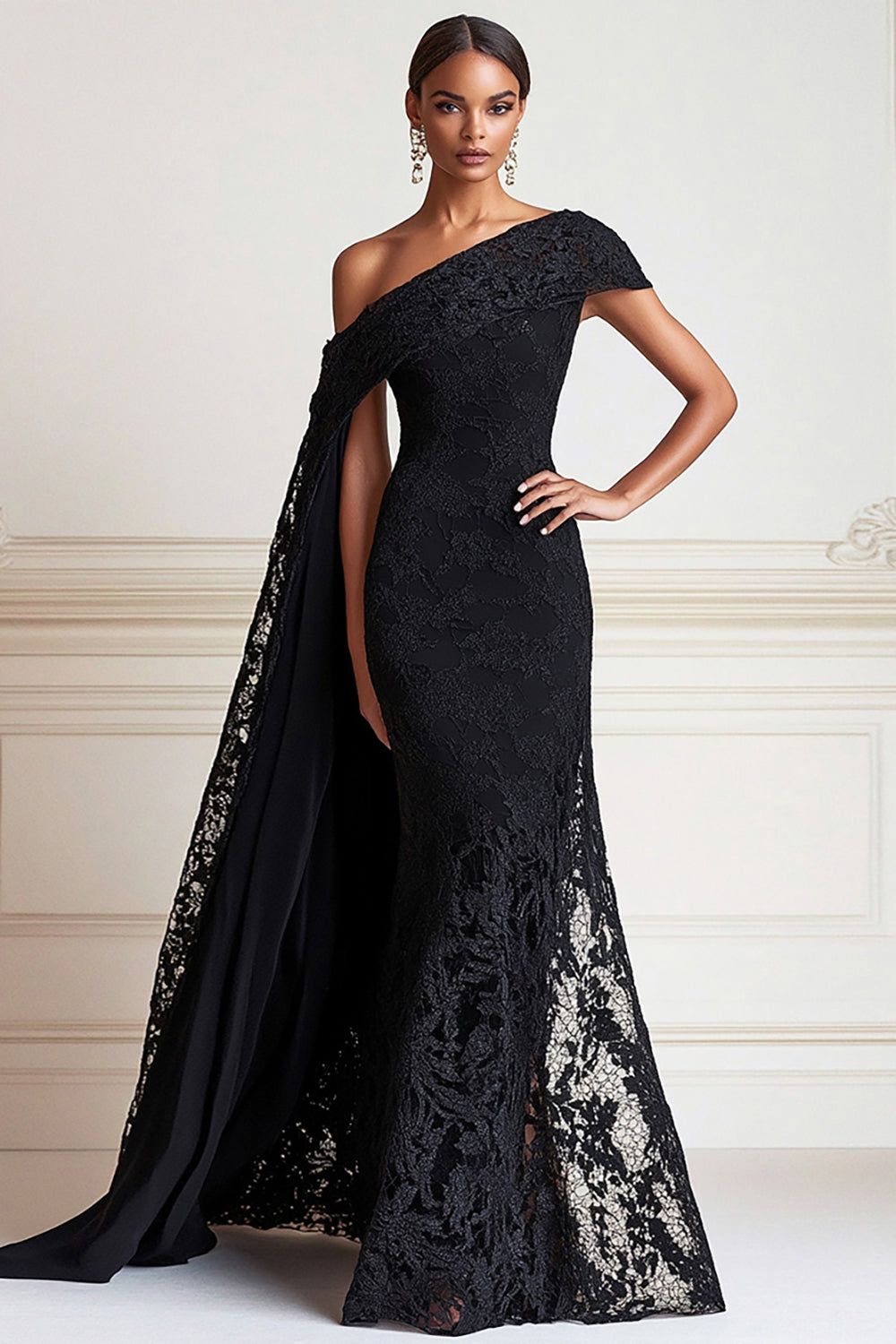 elegant dresses_Black Mermaid One Shoulder Lace Long Mother of the Bride Dress with Side Shoulder Cape