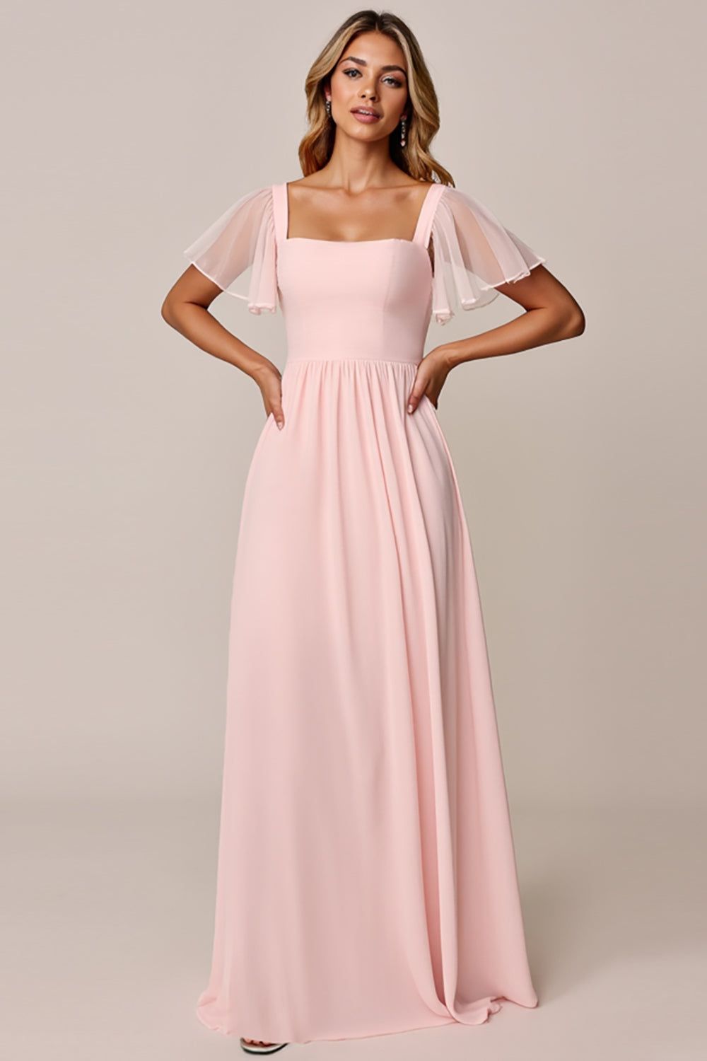 bridesmaid dresses_Bonbonrosa A Linie Chiffon Brautjungfernkleid mit quadratischem Ausschnitt